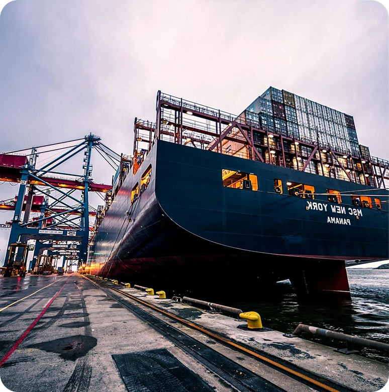 A Shipping Doc showing a Ship up close floating on the sea
